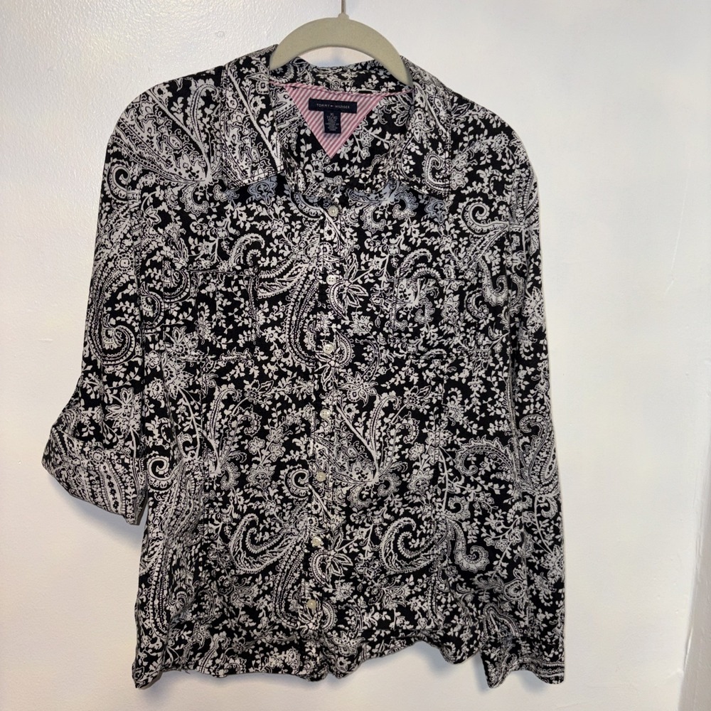 Tommy Hilfiger Shirt Womens XL Black White Floral Paisley Button Up roll tab